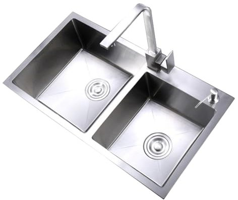 Spüle Edelstahl Doppelwaschbecken, Rechteckig Küchenspüle Satz Mit Wasserhahn, Modernes Großes Becken, Waschtisch eckig Großes und kleines Schlitzdesign (750x410mm)