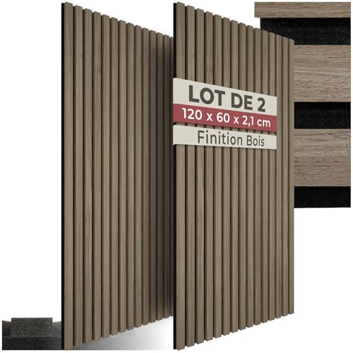 tectake® Set of 2 Acoustic Wall Panels with Real Wood Veneer & MDF, Sound-Absorbing Acoustic Panels with Felt Fabric & Wood Slats, Adjustable Size & Easy Installation, 120 x 60 x 2.1 cm - Dark Oak