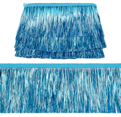 MAYJOYDIY Blue Metallic Fringe Trim, 10m x 10cm Shiny Tinsel Fringe Tinsel Trim Polyester Tassel Ribbon for Christmas Garland Dance Costume Dress Stage Clothes Party Decor