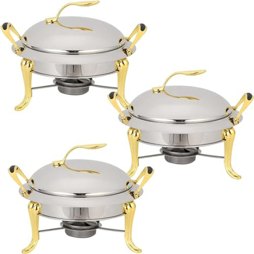 GYDUHYE 3L Chafing Dish Set, Full Size Stainless Steel Round Buffet Server with Pans, Lid and Fuel Holders, for Catering Party Wedding Dinner Food Warmer(Size:3 Pack,Color:Gold)