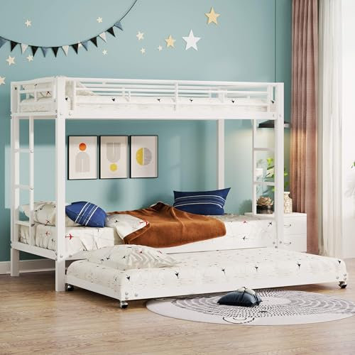 YCYDHDM Etagenbett Kinderbett 90 x 200 cm mit Ausziehbett und 2 Leiter, Hochbett Doppelstockbett mit Lattenrost, Bettgestell aus Metall, für Jungen und Mädchen, Ohne Matratze, Weiß