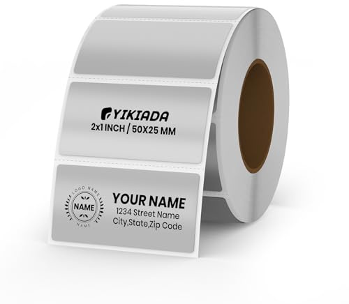 YIKIADA Silver termiska etiketter vinyl 25 x 50 mm självhäftande metalliska direkt utskrivbara adressklistermärken rulle vattentäta skrivardekaler för QR-kod gör-det-själv namnbricka paket med 300