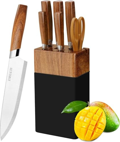 Krainliet 6-teiliges Messerset mit Block, Küchenmessersets mit Schärfer, Edelstahlmesser zum Schneiden von Fleisch/Gemüse/Obst, Hobeln, Würfeln...