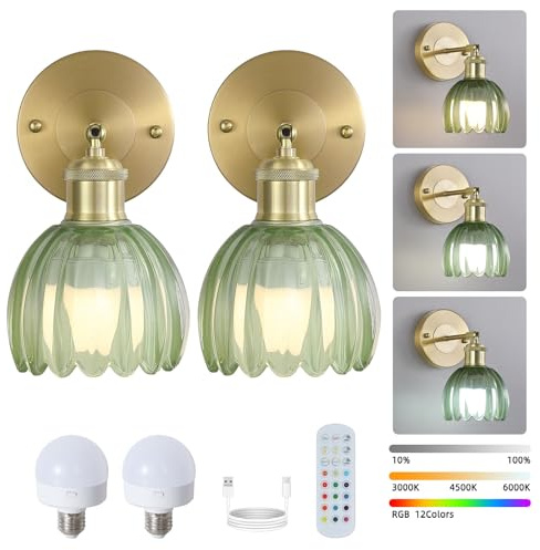 Classic Cordless Wall Sconces Battery Operated Gold Wall Lights Rechargeable Green Tulip Glass Shade with Remote Dimmable Wall Lighting in