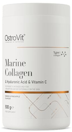 Collagene marino in polvere [500 g] collagene marino premium per bere idrolizzato | peptidi di collagene di pesce tipo 1 con acido ialuronico e vitamina C | Gusto mango con ananas OstroVit