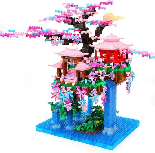 Fairy Pavilion Micro Mini Building Blocks Set, Chinese Architecture of Peach Blossom Set, 2705 PCS Cherry Blossom Bonsai Tree House Toy Gift for Kids Adults