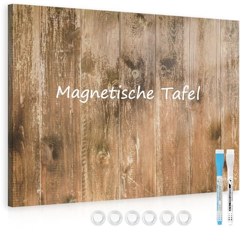 DOLLAR BOSS Magnetisches Whiteboard, 45 x 60cm Magnettafel für die Wand, Drucken Magnetpinnwand Memoboard mit 6 Magnete, 2 Stifte, Braune Holzbretter