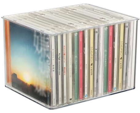 Rainmae CD Storage Box, CD Holder Stand, Clear Plastic CD DVD Desk Rack Organizer, Stackable Lidless CD Display Organizer Cases, Video Game Holder for Theatre Room Collectibles Holds 17 CD Case
