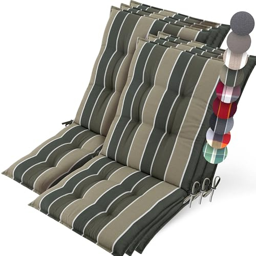 Beautissu 6er Set Premium Niedriglehner Auflage Gartenstuhl Polster | 100x50cm Grün Gestreift 8cm dick rutschfestes robuster Stoff UV-Lichtechtheit 5 Gartenstuhlauflage rutschfest Robust Sun-NL