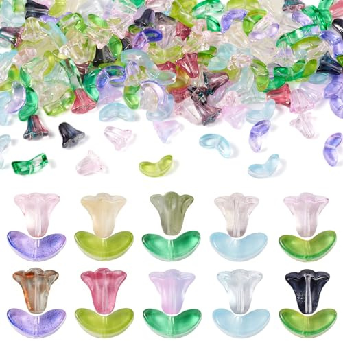 Spritewelry 200 Pcs Glass Flower Leaf Beads Tulip Flower Beads Bell Orchid Floral Loose Spacer Beads for Earring Bracelet Jewelry Making