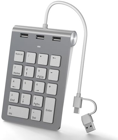 Yeemie 【Upgraded Version】 Numpad Wired, Number Pad with 3 USB Ports,18 Keys, Ergonomic Mini Numeric Keypad,Portable & Function Keys for Laptop, Tablet, Notebook, PC, Desktop and More, Aluminum