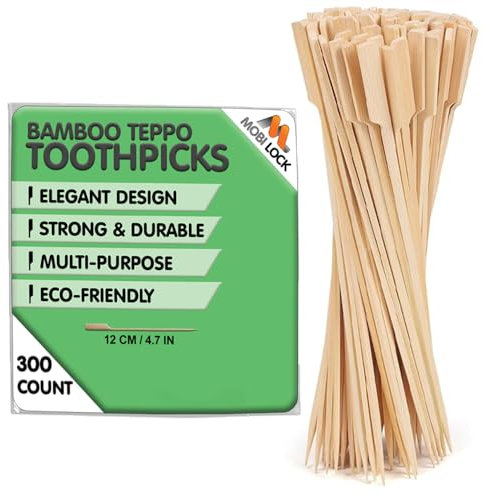 300 Palillos de Bambú, Pinchos de Madera Anchos y Planos - Palillos Teppo para Fiestas, Aperitivos, Malvaviscos, Frutas, Barbacoa (BBQ) - por Mobi Lock