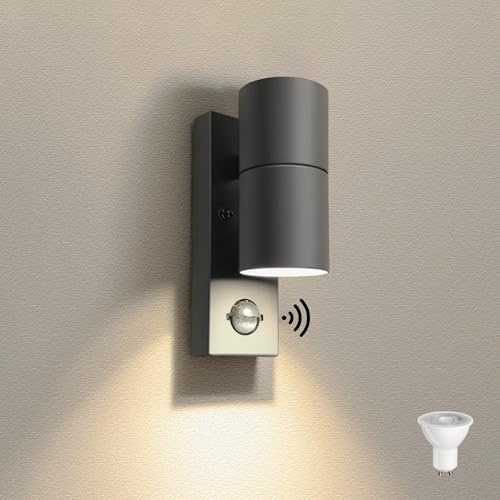JNR Edelstahl LED Außenlampe mit PIR Bewegungsmelder, IP54 Wasserdichte Außenleuchte mit Bewegungsmelder 230V, Aussenlampe inkl. 5W GU10 3000K Warmweiß Glühbirne, Wandleuchte, Anthrazit Grau