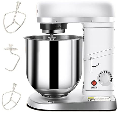 Robot pâtissier électrique avec Batteur, Crochet pétrisseur et Fouet, Bol en Acier Inoxydable de 5 L/7 L/10 L, 3 Vitesses réglables, Blanc, 7 L