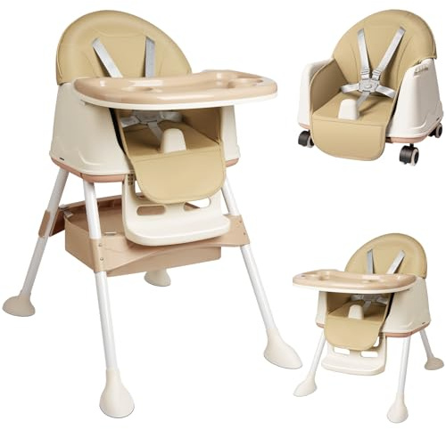 Aufun Kinderhochstuhl Klappbarer 4in1, Multifunktionaler Verstellbar, Baby Hochstuhl mit Tablett Abnehmbares und Rollen, Kinderhochstuhl Kombinierbarer mit 5-Punkt-Gurt, Kinder Essstuhl, Beige