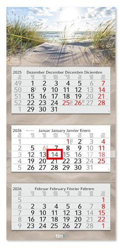 Timr 3-Monatskalender 2026 - Wandkalender 3 Monate mit Schieber - 70 cm Dreimonatskalender mehrsprachig D/GB/F/ES I Motiv Dünen Strand I tr326