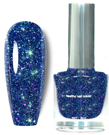 Blue Nail Polish, Glitter Nail Varnish, Royal Blue Navy Blue, Shimmer Sparkly Metallic Nail Glitter, Quick Dry Long Lasting Holographic, No UV Needed, Nail Art Manicure for Women DIY Nail Art