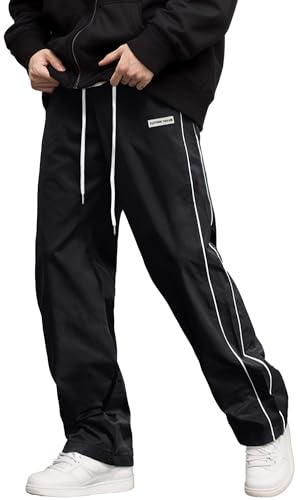 AIEOE herr, säckig joggingbyxor, Y2K, träningsbyxor, breda sportbyxor med dragsko, streetwear, fritidsbyxor med rörband, tonåring, mode, svart, L