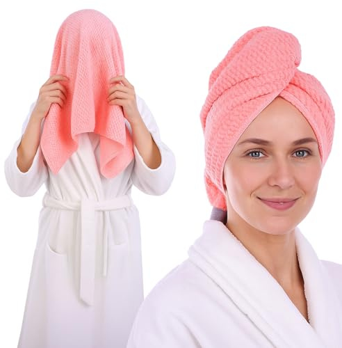 Kifmurase Turbante per capelli in microfibra con fascia elastica per donne, panno per capelli in morbida microfibra, riduce l'effetto crespo, per capelli lunghi e spessi, 100 × 60 cm (rosa)