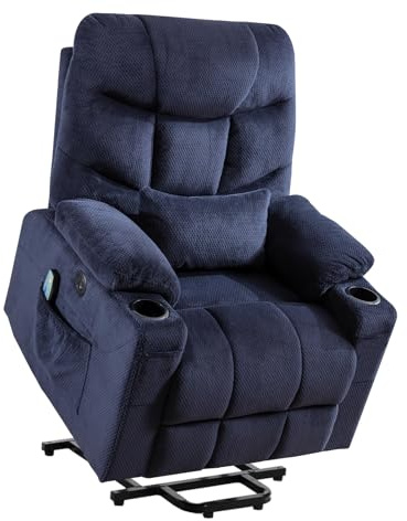 Consofa Große Power Lift Liegestühle, Liegestühle für ältere Menschen, Power Lift Stuhl mit Wärme und Massage, Power Lift Recliner mit Lendenkissen, 4 Taschen und 2 Getränkehaltern (Blau)