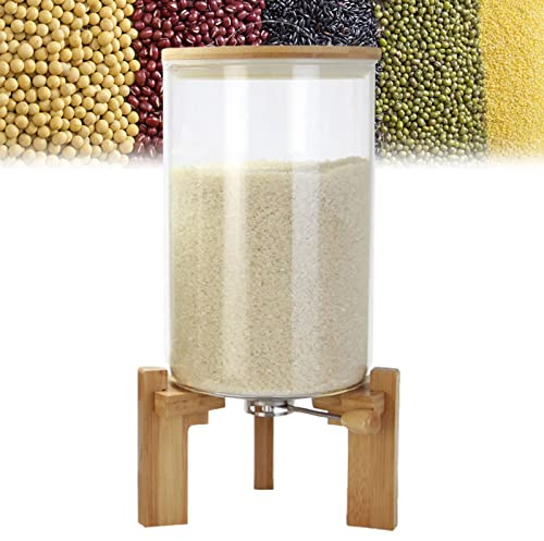 5L/8L Airtight Rice Dispenser - Round Glass & Wood Storage for Rice Beans Flour & Cereal - Moisture & Dustproof Kitchen Pantry nization Accessory