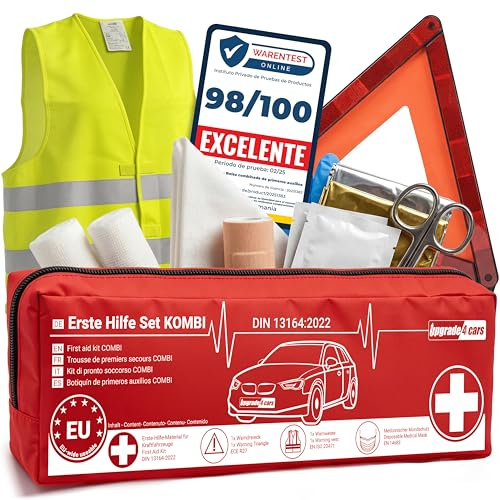 Upgrade4cars Botiquín de Primeros Auxilios Coche 2026 con Triángulo de Emergencia y Chaleco Reflectante según Norma Actual DIN 13164 Válido en Toda Europa