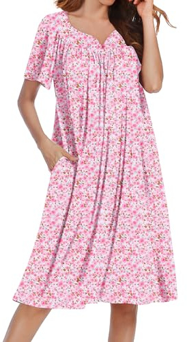 Ekouaer Nightgowns for Women Short Sleeve House Dress with Pockets Soft Moomoo Pleated Mumu Dresses V Neck Sleepwear Pink Floral