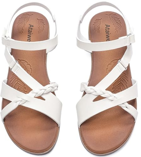 Ataiwee Women's Flat Slide Sandals - Comfortable Slip-On with Ankle Strap,Casual Open Toe Design,Hook-and-Loop Closure Summer Sandals.(WT/MF,Size 5.5)