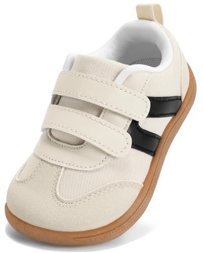 noorkiz Toddler Wide Toe Box Barefoot Shoes for Boys & Girls Zero Drop Sneakers Tennis Running Casual Shoes Baby First Walking Non-Slip Shoe Comfort Lightweight Outdoor Beige White Infant Size 4