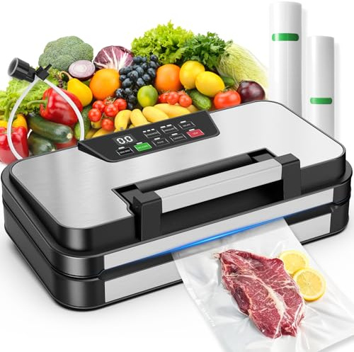 95kPa Vacuum Sealer Machine, 10-In-1 Multi Modes Vac Food Sealing System with Double Heat Seal with Built-in Cutter & Bag Storage, Easy-Lock Handle, Hose, 2 Bag Rolls, Durable Stainless Steel Design