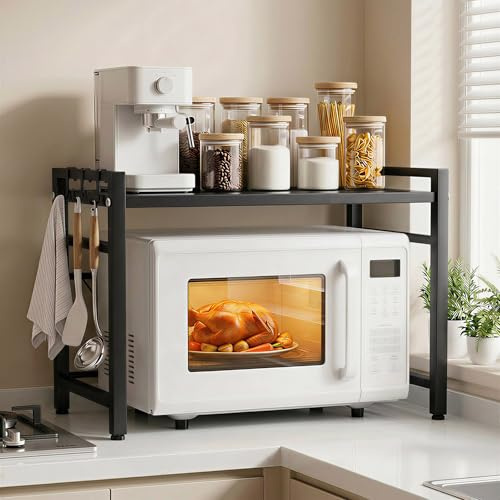 ALANNG Mikrowellen Regal, Mikrowellenregal Küche Arbeitsplatte, Küchenregal Stehend für Backofen/Kaffeemaschine, Stabile Microwave Stand mit 6 Haken (Schwarz, 2 Stufig-1 Packung)