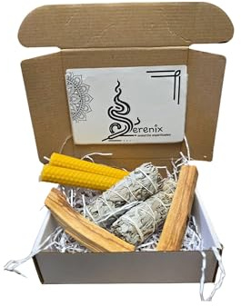 SERENIX - Pack INICIACIÓN. Pack Mensual. 2 Velas Miel - 2 Salvia Blanca - 2 Palo Santo. Pack Meditación - Sanación - Purificación - Ritos Espirituales - Esotérico - Limpieza Ambiental y Espiritual.