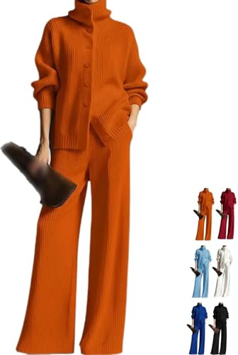 Conjunto de dos piezas de suéter y pantalones tipo cárdigan para mujer, sudadera de punto casual de cuello alto, pantalón de pierna ancha, conjunto de 2 piezas para mujer, naranja, XL