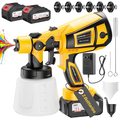 Cordless Paint Sprayer with 2 Batteries, 650W HVLP 21V Battery Powered Handheld Paint Gun Kit, 6 Nozzles & 3 Spray Patterns, Efficient Electronic Tool & Gifts for Cabinets, Fence, Wall, House Painting