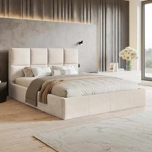 MOTIVENA Star Bett 200x200 Beige Samt, mit Stauraum, mit Kopfteil, mit Lattenrost, ohne Füße, ohne Matratze, Polsterbett 200x200 mit Bettkasten Beige (Creme)