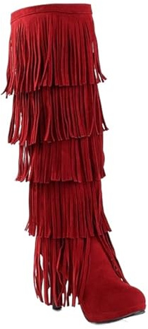 Taglia 32-43 Stivali da donna in pelliccia floccata Tacchi alti 10 cm con frange al ginocchio Nappe Moda Nero Rosso(Red,40)