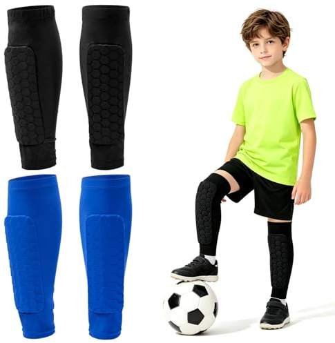 2er Schienbeinschoner Kinder Fussball, Atmungsaktiv & Stoßfest Schienbeinschutz Fußball mit Wabenschaum-Polsterung für Kinder, Jugendliche und Erwachsene