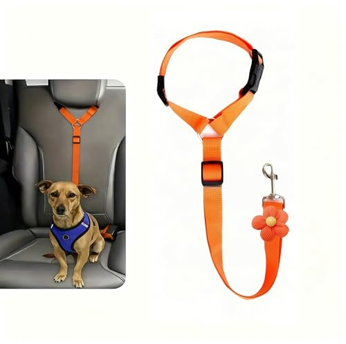 Hundbälte bil, säkerhetsbälte för hundar och katter, hundspänne för bil, justerbart säkerhetsbälte av nylon för små till stora hundar, med blomdekoration (orange)