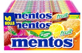 Mentos - Boîte de 40 Rouleaux Fruits - Bonbons Mentos, Tendres et Croquants, 3 Fruits Assortis - Fraise, Orange, Citron - Format Idéal pour Anniversaires - 40 Rouleaux à Partager