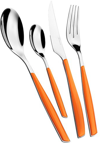 BUGATTI, Glamour, Ensemble de 24 Couverts en Acier Inoxydable 18/10 et Manche Orange. Ensemble de Couverts 6 Personnes composé de 6 cuillères, 6 fourchettes, 6 Couteaux et 6 cuillères à café