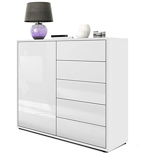 Vladon Sideboard Ben V2, Made in Germany, Kommode mit 1 Tür und 5 Schubladen, Weiß matt/Weiß Hochglanz (79 x 74 x 36 cm)