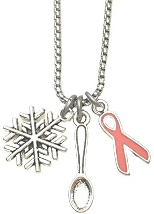 Multiple Sclerosis MS awareness Necklace. Stainless Steel 17.75 Inch Chain With Orange Ribbon, Spoon And Snowflake Charm