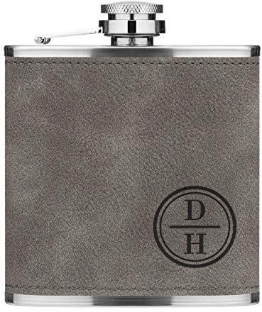 Personnalisé Initiales Nom Cercle 6oz Cuir PU Hip Flasque Gris Qualité Premium