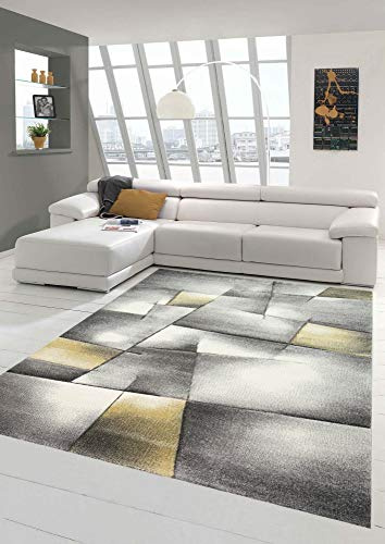 Teppich-Traum Kurzflor Teppich Karo-Patchwork Pastellgelb Grau 80x300 cm | Pflegeleicht, strapazierfähig, allergikerfreundlich und schadstofffrei, Konturenschnitt, für Wohn- & Schlafzimmer