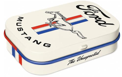 Nostalgic-Art Retro Pillendose, Ford Mustang – Logo | Original Ford Lizenzprodukt (OLP), mit Pfefferminz-Dragees, Vintage Design, Geschenk-Idee für Ford-Fans