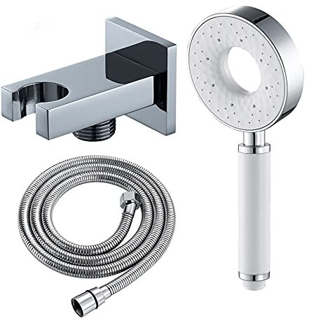 GLYYRLR Duschkopf Universal Handbrause Weiß und Chrom ABS Duschbrause mit 3 Funktionen, Hochdruck Wassersparend Brausekopf mit Messing Halterung, 1.5M Edelstahl Schlauch, G1/2