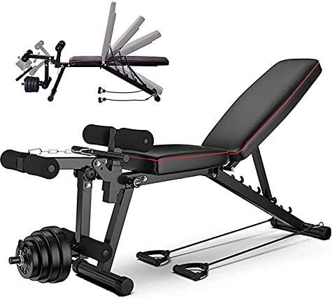 GJXJY Klappbare Hantelbank Verstellbare Fitnessbank, Hantelbank Klappbar mit 4 Rückenpositionen, Zwei Trainingsbänder, für das Heim-Fitnessstudio
