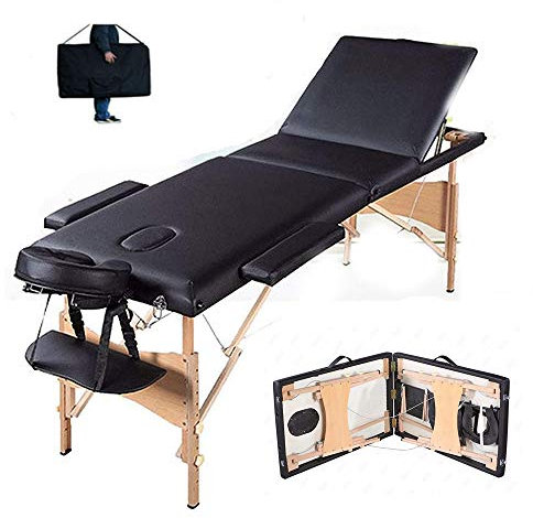 Mobile Massagetisch Massageliege 3 zonen 180 x 62 cm, mit Zubehör, bis 230kg - Holz massagebed Massagebank 3 Zones klappbar Kosmetikliege, Schwarz, Höhenverstellbaren 60-85cm