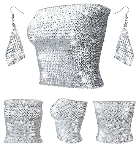 Syhood Women's Sparkly Sequin Crop Tops Strapless Metallic Tube Tops with Metal Mesh Drop Dangle Earrings for Party Clubwear (Silver) (JO-Syhood-223035)