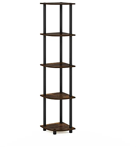 Furinno TURN-N-TUBE Corner Shelf, 5-Tier Corner Bookshelf, Open Storage Shelves, for Organization and Storage, Living Room, Home Office, Garage, Bedroom, Amber Pine